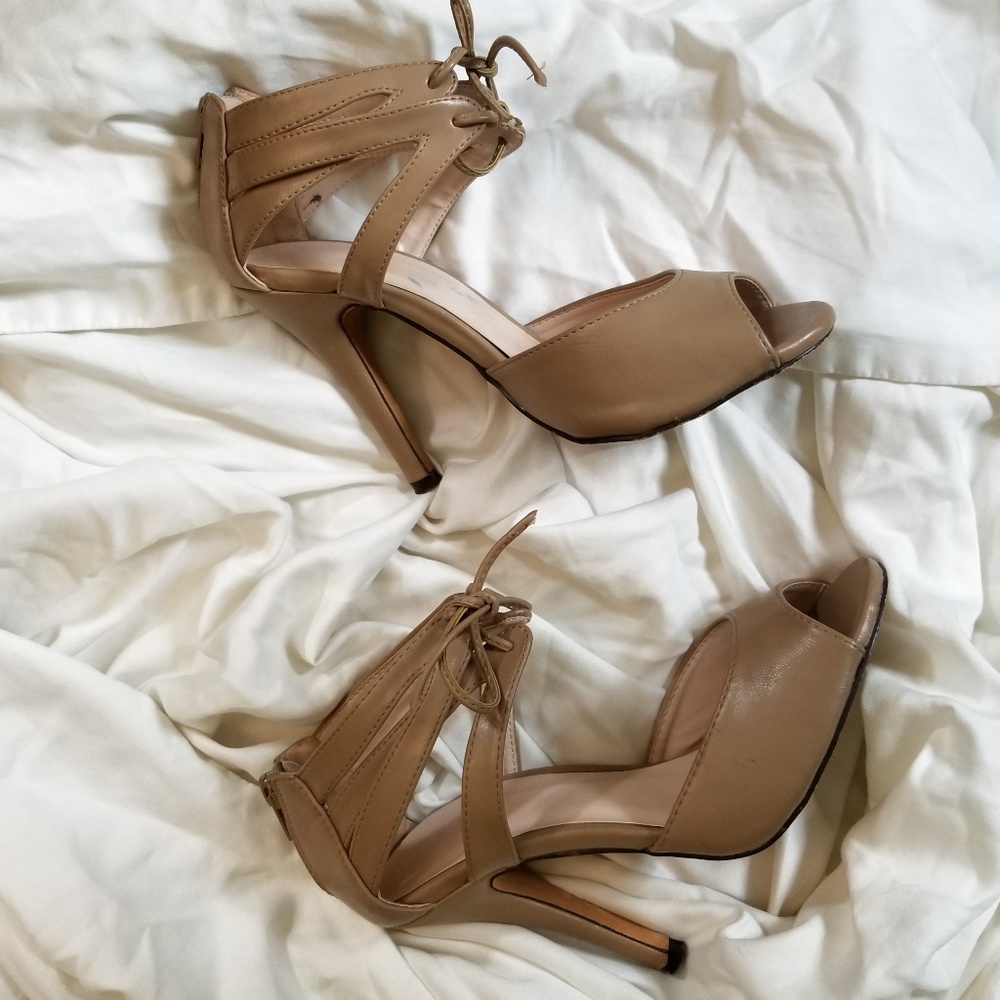 Nude beige strappy cutout lace up heels vegan pu